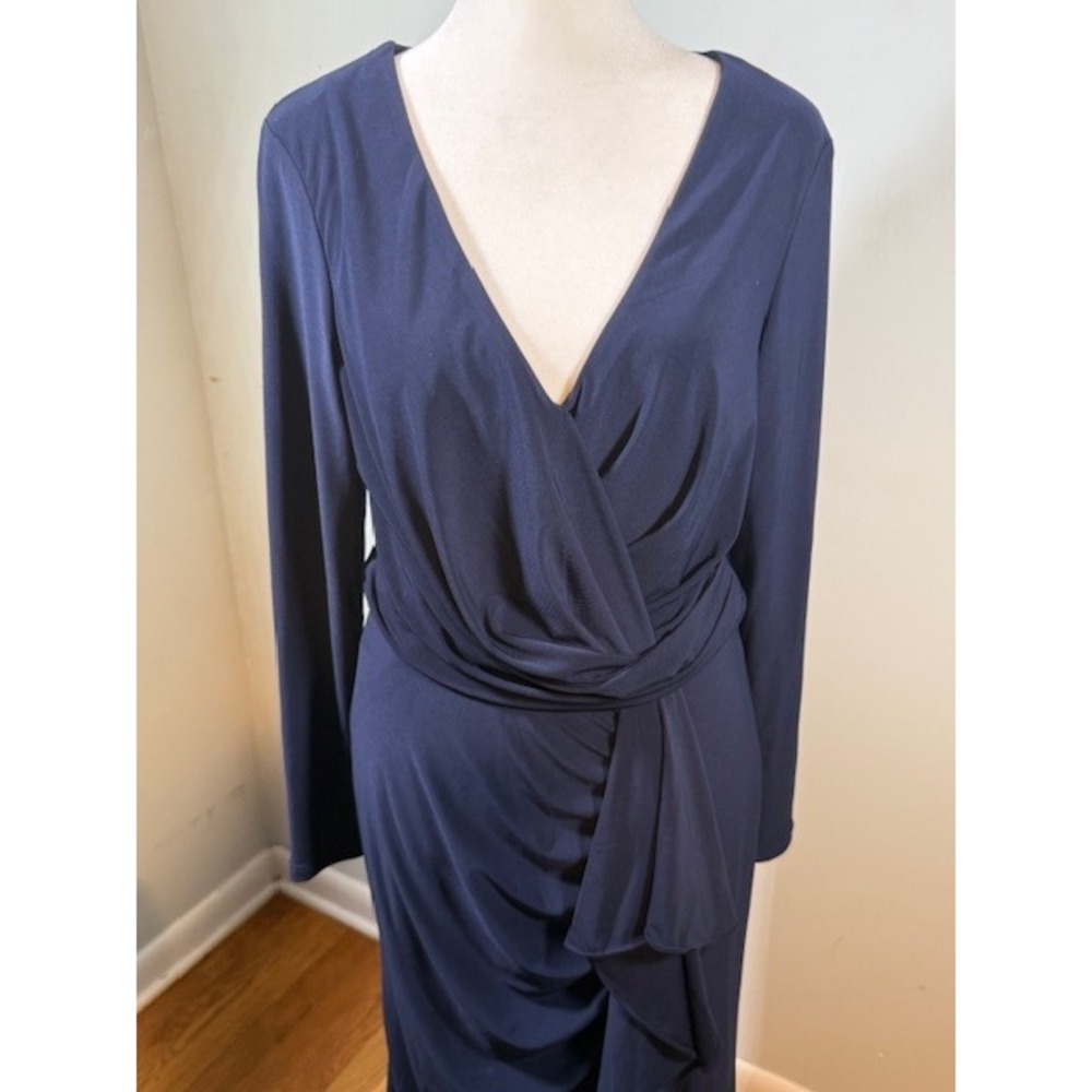 Betsy Adam Navy Faux Wrap Ruffle Formal Gown Size 8 Long Sleeve Floor - Picture 6 of 8